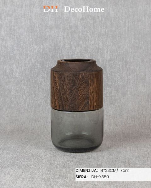 Slika Staklena vaza sa drvenim detaljima 14*23cm / 1kom - DH-Y359