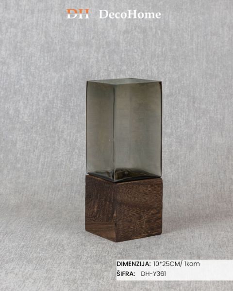 Slika Staklena vaza sa drvenim detaljima 10*25cm / 1kom - DH-Y361