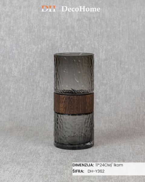 Slika Staklena vaza sa drvenim detaljima 11*24cm / 1kom - DH-Y362