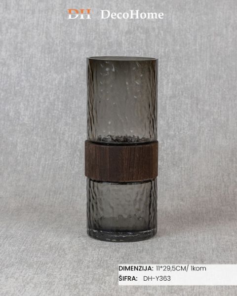 Slika Staklena vaza sa drvenim detaljima 11*29,6cm / 1kom - DH-Y363