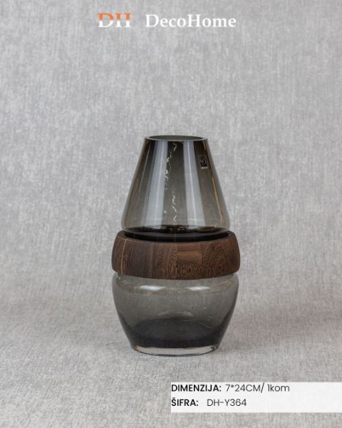 Slika Staklena vaza sa drvenim detaljima 7*24cm / 1kom - DH-Y364