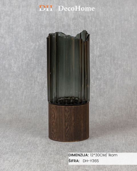 Slika Staklena vaza sa drvenim detaljima 12*30cm / 1kom - DH-Y365