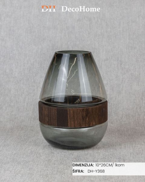 Slika Staklena vaza sa drvenim detaljima 10*26cm / 1kom - DH-Y368