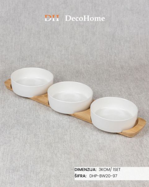Slika Porcelanske činije sa drvenim postoljem / 3kom - DHP-BW20-97