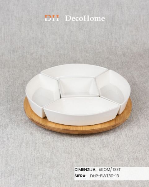 Slika Keramičke činije sa drvenim postoljem / 5kom - DHP-BWT30-13