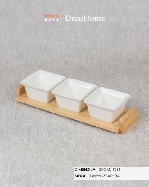 Slika Porcelanske činije na drvenom postolu / 3kom - DHP-CZT40-04