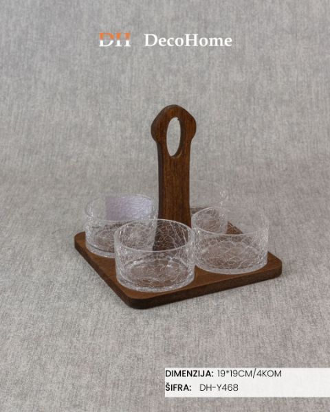 Slika Staklene činije na drvenom stalku 19*19cm / 4+1kom - DH-Y468