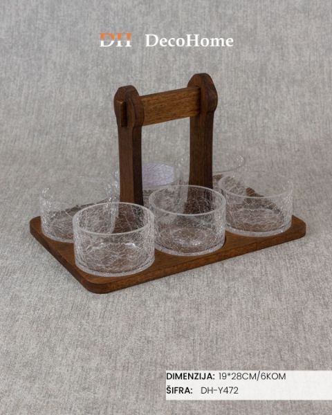 Slika Staklene činije na drvenom stalku 19*28cm / 6+1kom - DH-Y472