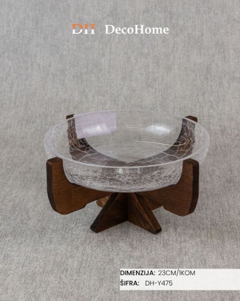 Slika Staklena činija sa drvenim postoljem 23cm / 1kom - DH-Y475