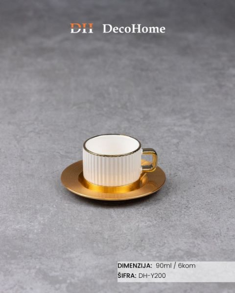 Slika Porcelanske bele šolje + aluminijumske zlatne tacne 90ml / 6kom - DH-Y200