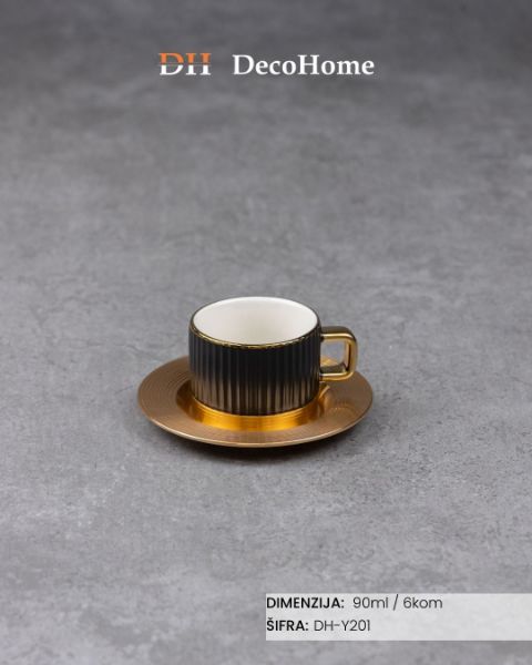 Slika Porcelanske crne šolje + aluminijumske zlatne tacne 90ml  / 6kom - DH-Y201