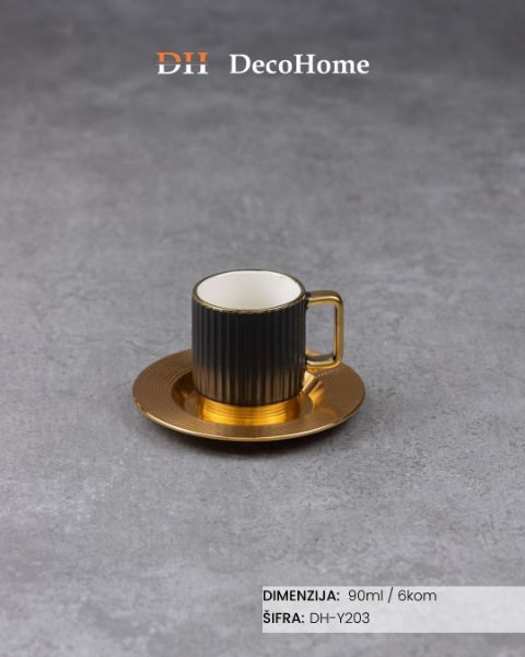 Slika Porcelanske crne šolje + aluminijumske zlatne tacne 90ml / 6kom - DH-Y203