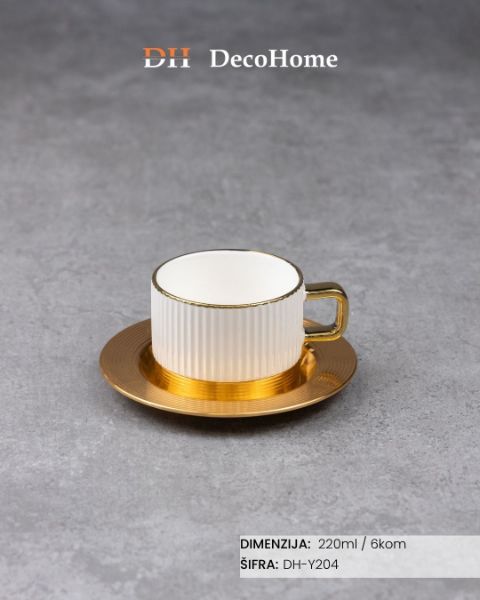 Slika Porcelanske bele šolje + aluminijumske zlatne tacne 220ml / 6kom - DH-Y204