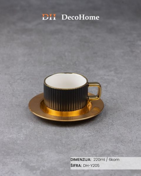 Slika Porcelanske crne šolje + aluminijumske zlatne tacne 220ml / 6kom - DH-Y205
