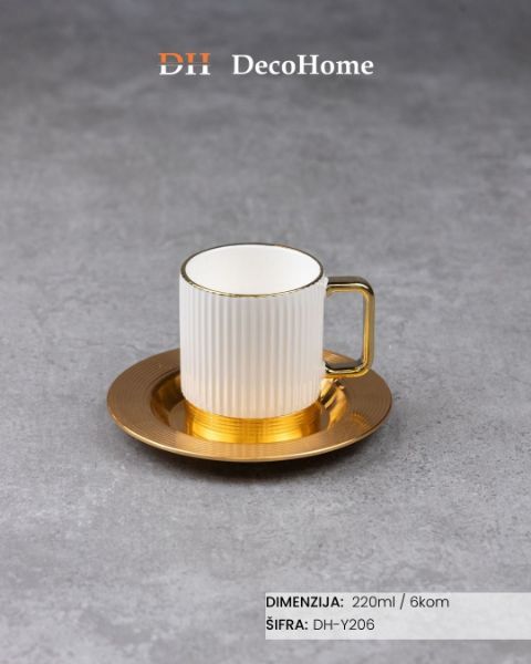 Slika Porcelanske bele šolje + aluminijumske zlatne tacne 220ml / 6kom - DH-Y206