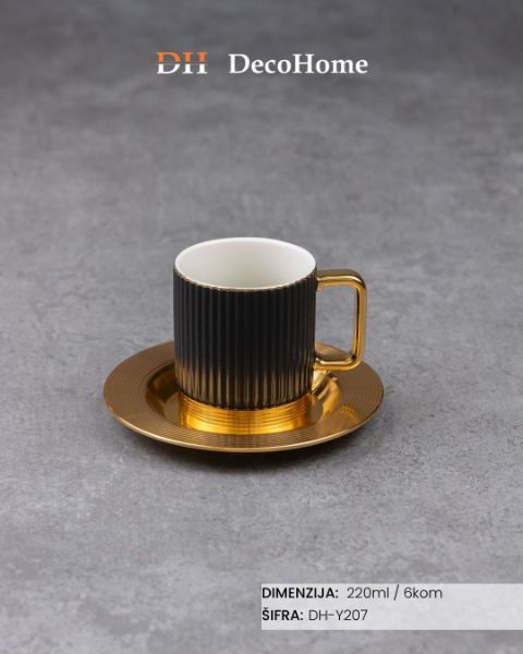 Slika Porcelanske crne šolje + aluminijumske zlatne tacne 220ml / 6kom - DH-Y207