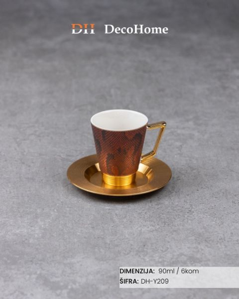 Slika Porcelanske bordo print šolje + aluminijumske zlatne tacne 90ml / 6kom - DH-Y209
