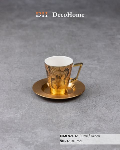 Slika Porcelanske zlatni print šolje + aluminijumske zlatne tacne 90ml / 6kom-DH-Y211