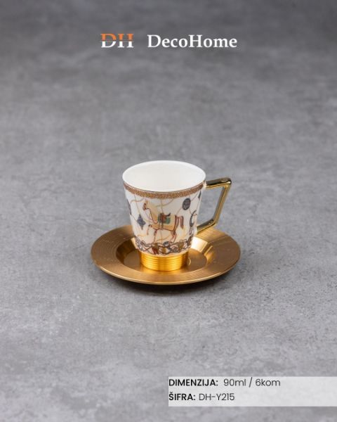 Slika Porcelanske Herm bele šolje + aluminijumske zlatne tacne 90ml / 6kom - DH-Y215