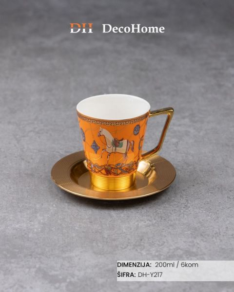 Slika Porcelanske Herm nar. šolje + aluminijumske zlatne tacne 220ml / 6kom - DH-Y217