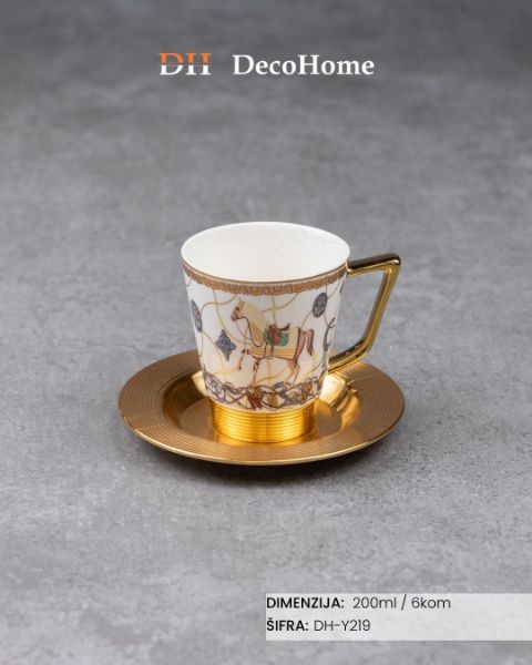 Slika Porcelanske Herm bele šolje + aluminijumske zlatne tacne 220ml / 6kom - DH-Y219