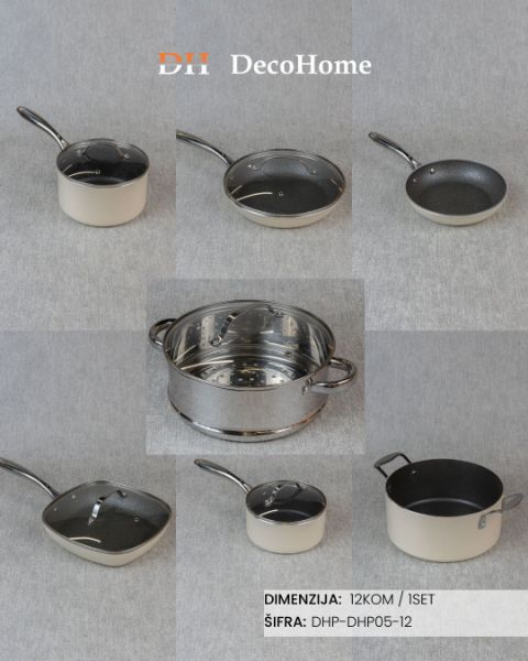 Slika Set šerpi i tiganja - srebrne ručke / 12kom - DHP-DHP05-12