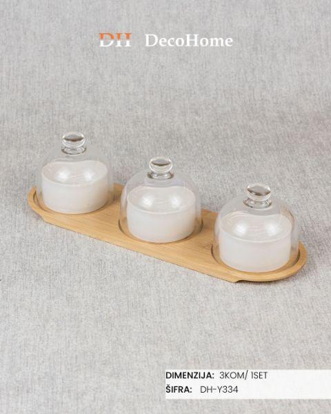 Slika Staklene posude za grickalice sa drvenim postiljem / 3kom - DH-Y334