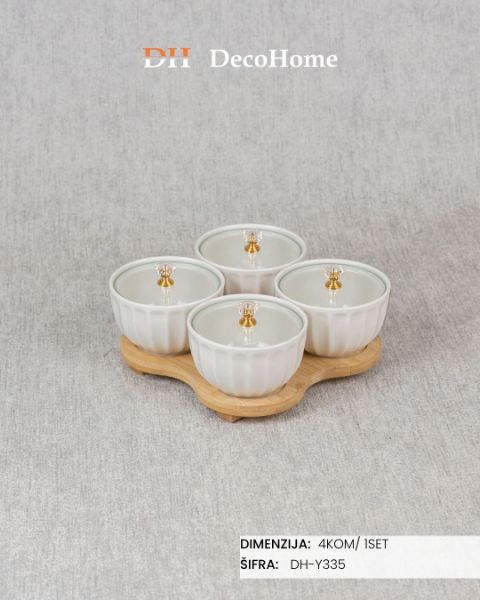 Slika Keramičke posude sa staklenim poklopcem i drvenim postoljem / 4kom DH-Y335