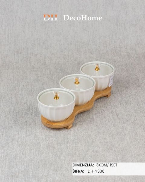 Slika Keramičke posude sa staklenim poklopcem i drvenim postoljem / 3kom DH-Y336