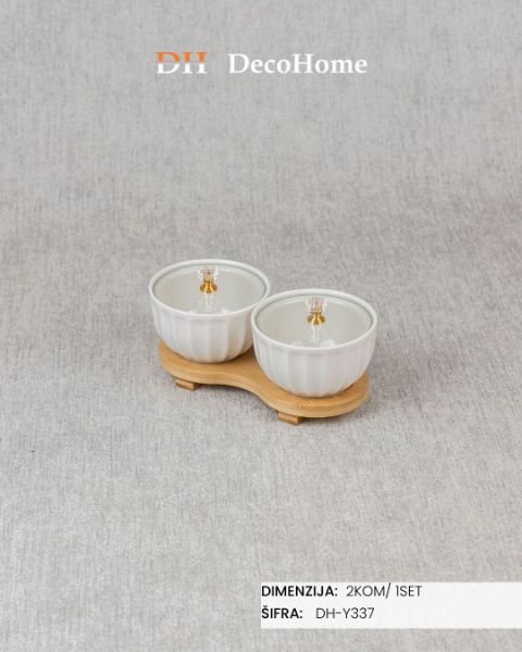 Slika Keramičke posude sa staklenim poklopcem i drvenim postoljem / 2kom DH-Y337