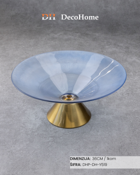 Slika Staklena plava činija sa zlatnim postoljem 36cm / 1kom - DH-Y519