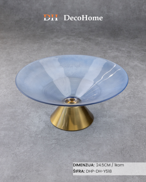 Slika Staklena plava činija sa zlatnim postoljem 24,5cm / 1kom - DH-Y518