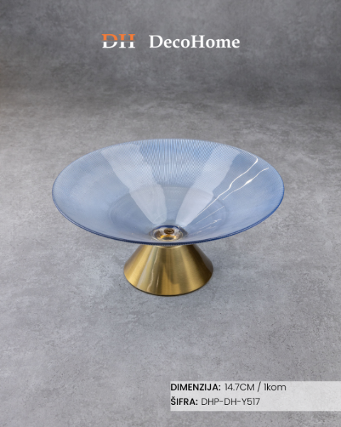 Slika Staklena plava činija sa zlatnim postoljem 14,7cm / 1kom - DH-Y517