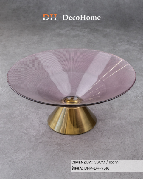 Slika Staklena lila činija sa zlatnim postoljem 36cm / 1kom - DH-Y516