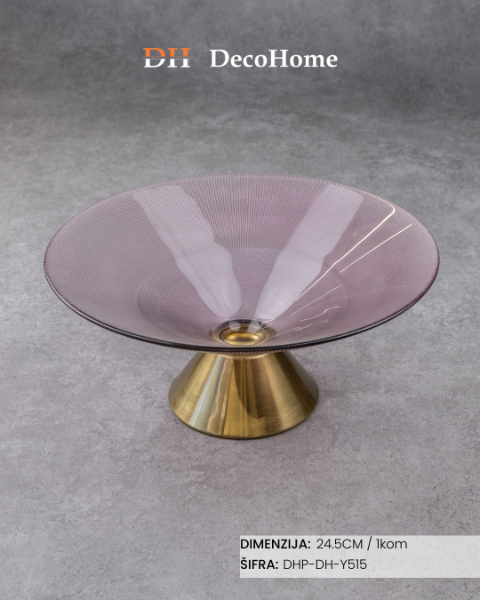 Slika Staklena roze činija sa zlatnim postoljem 24,5cm / 1kom - DH-Y515