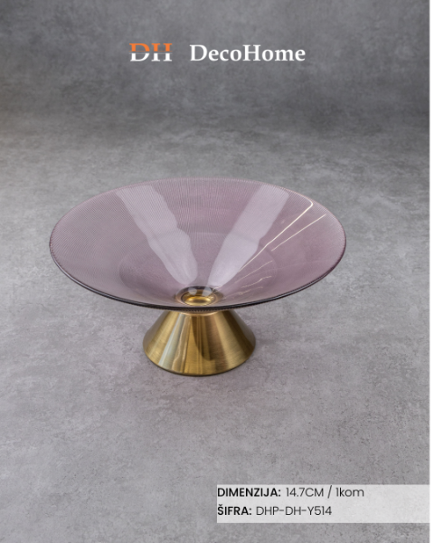 Slika Staklena lila činija sa zlatnim postoljem 14,7cm / 1kom - DH-Y514