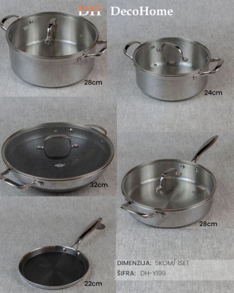 Slika Metalni set šerpe i tiganji sa poklopcima Inox / 5kom - DH-Y199